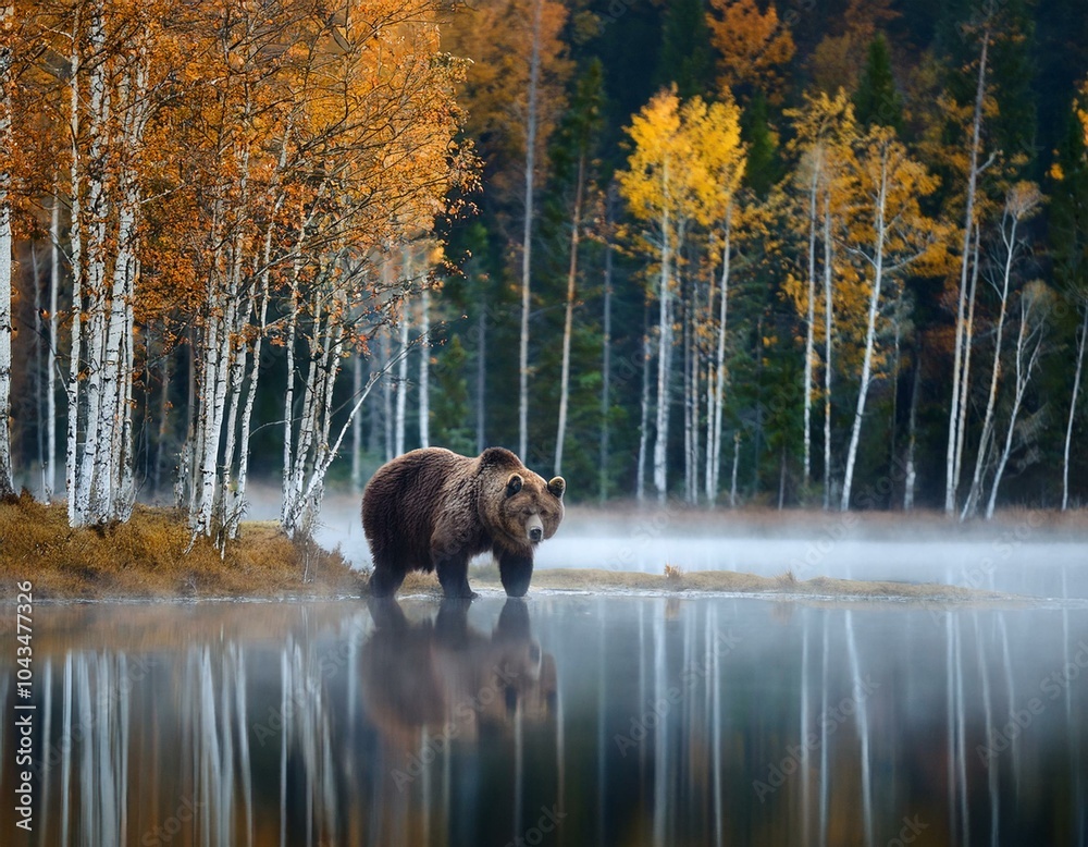 Bear walk in orange red forest. Autumn trees with bear. Beautiful brown bear walking around lake with fall colours. Dangerous animal in the wood. Bear walk in orange red forest. Autumn trees with bear. Beautiful brown bear walking around lake with fall colours. Dangerous animal in the wood.