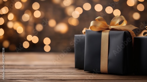 Elegant wrapped gifts with golden ribbons glimmering against a backdrop of glowing lights