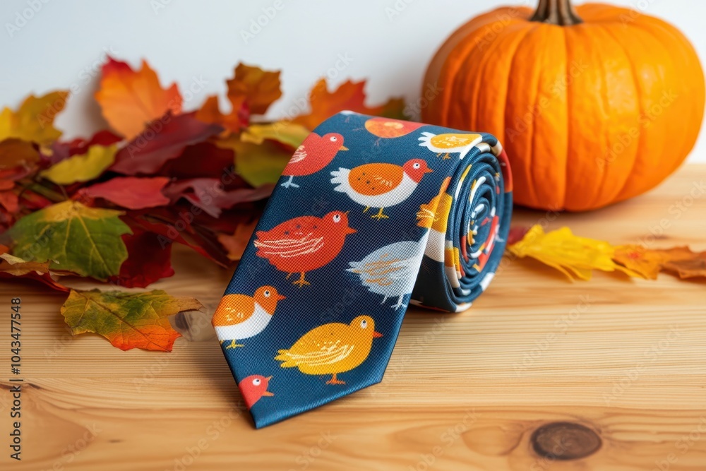 Colorful tie with bird patterns resting near a pumpkin and autumn leaves on a wooden surface. Colorful tie with bird patterns resting near a pumpkin and autumn leaves on a wooden surface.