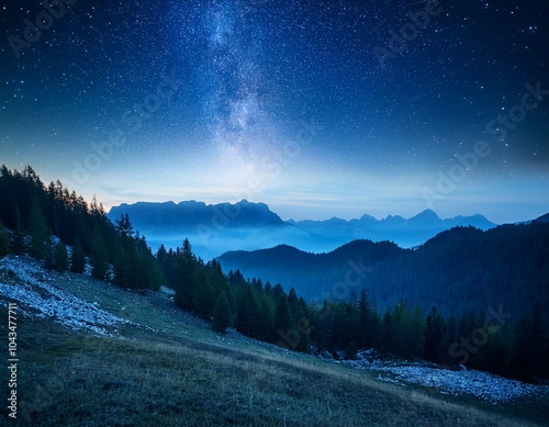 Milky way near hut Sinanitsa, Pirin mountain, Bulgaria photo