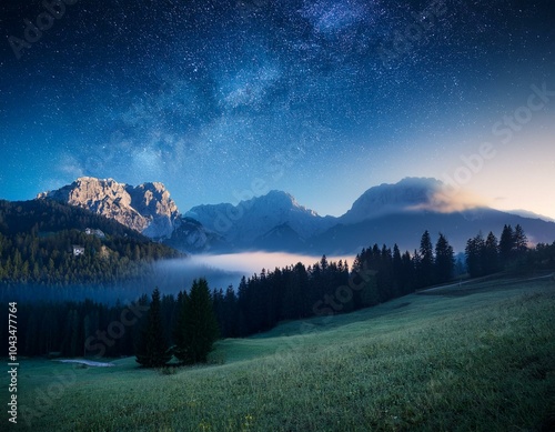 Milky way near hut Sinanitsa, Pirin mountain, Bulgaria photo