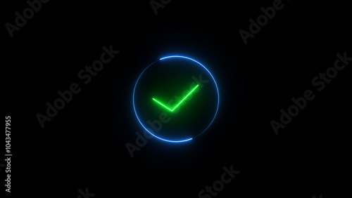 Neon glowing check mark icon button icon symbol sign. Black background.4k