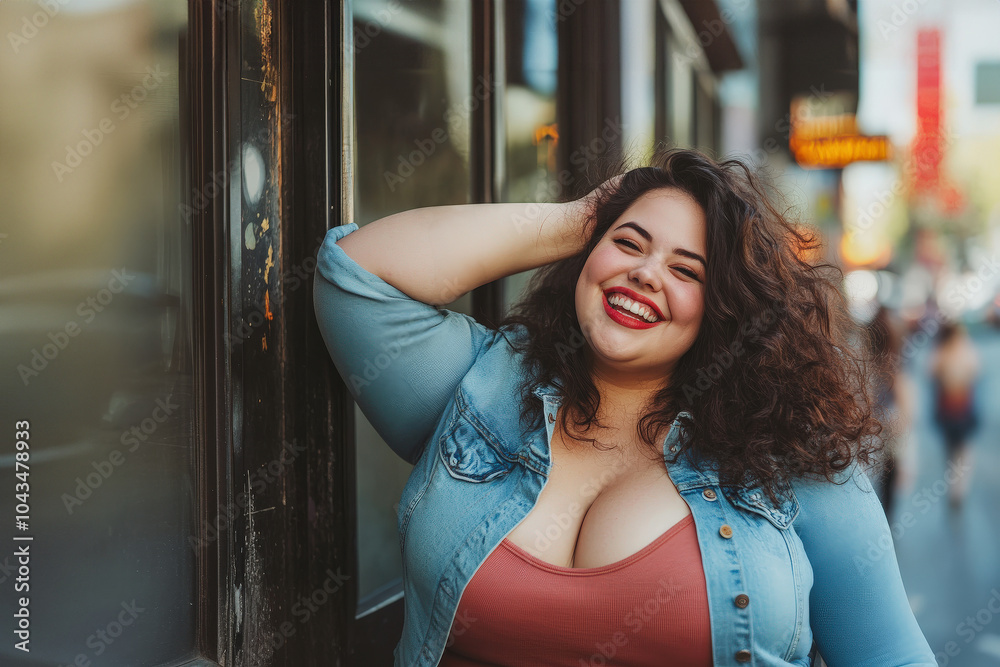 Happy oversize woman smiling in street. Stylish fashion female overweight proud of her body Happy oversize woman smiling in street. Stylish fashion female overweight proud of her body