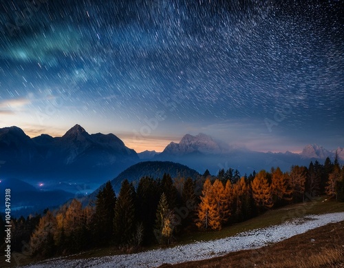 Milky Way over Alpe di Siusi (also known as Seiser Alm) in Dolomites mountain, Sudtirol, Italy. Focus on mountain ridge. photo