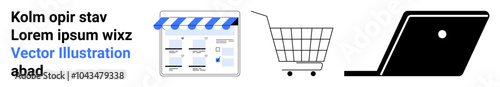 A storefront icon with a striped awning a shopping cart icon and a laptop icon. Ideal for e-commerce online shopping digital marketing business technology and web development. Banner for landing page