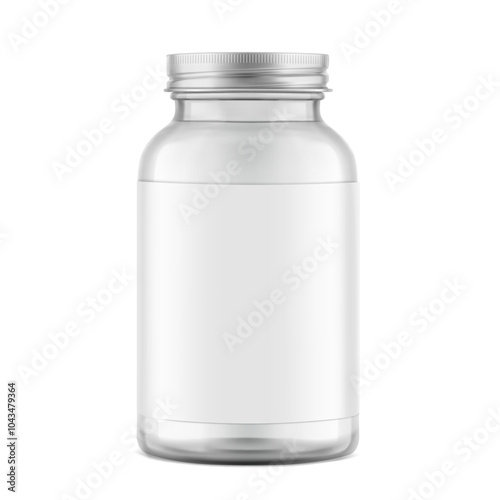 Clear glass wide mount bottle with screw cap and label mockup for treats, vitamins, supplements isolated on white background. Vector illustration. Ready for your design. EPS10.