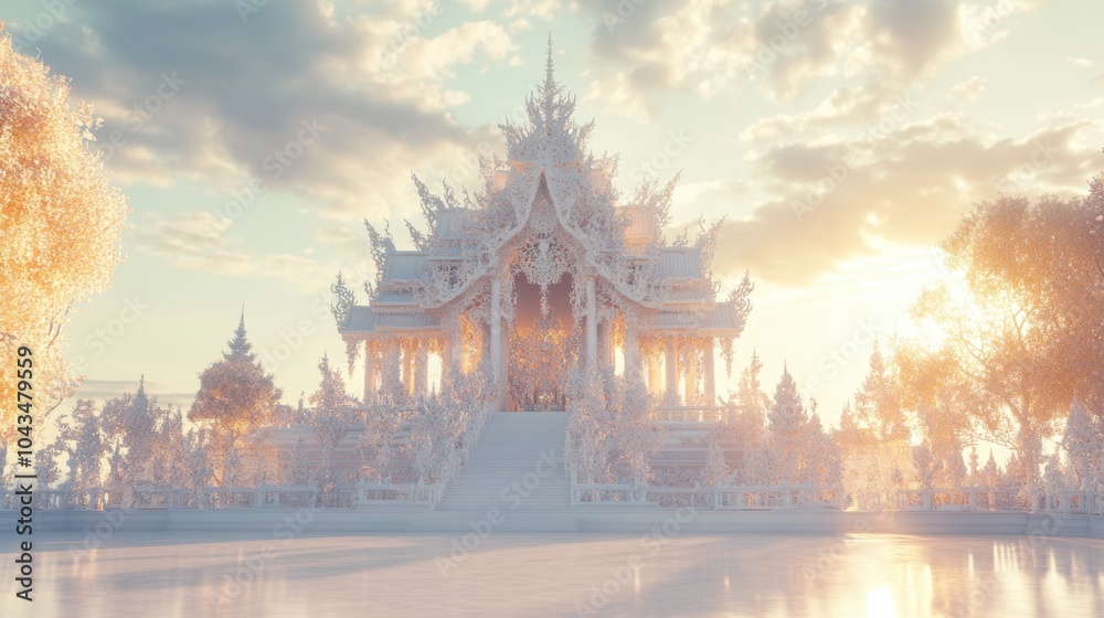 Fototapeta premium Majestic White Temple at Sunset in Serene Landscape