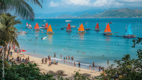 Nha Trang Sea Festival, tropical beach filled with colorful traditional sailing boats against the backdrop of clear blue sea, Ai generated images photo