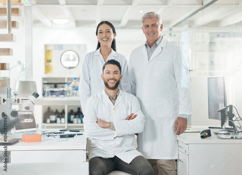 Fototapeta premium Portrait, men and women in laboratory with confidence, smile and collaboration for medical research. Scientist, teamwork and group of doctors with arms crossed, pride and pharmaceutical engineering