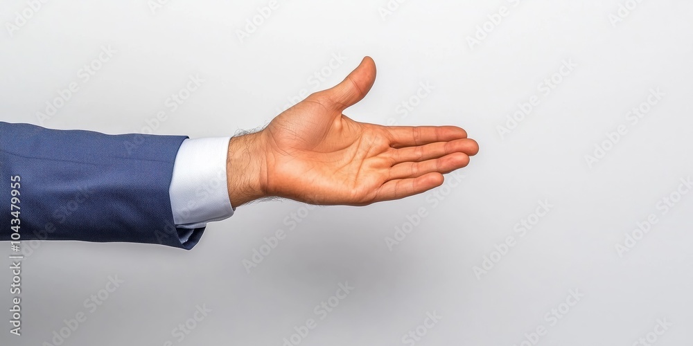 A welcoming hand gesture extends from a tailored suit against a minimalistic background A welcoming hand gesture extends from a tailored suit against a minimalistic background