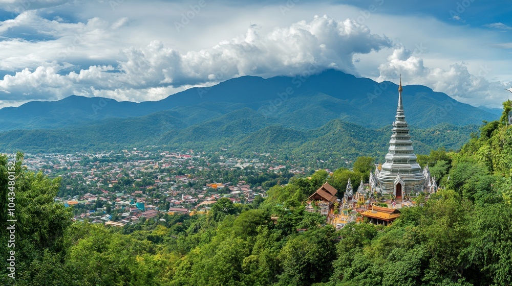 Scenic View of Temple and Mountains in Thailand Scenic View of Temple and Mountains in Thailand