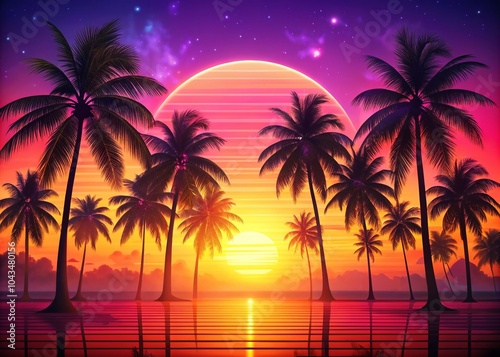 1980s Retrowave Long Exposure with Coconut Palm Trees Against Gradient Sunset for Retro Aesthetic