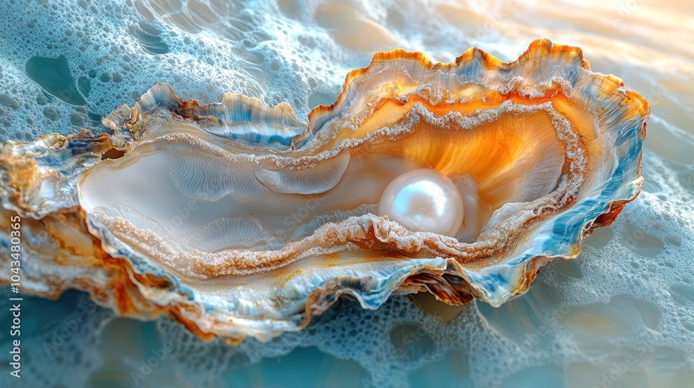 A beautiful pearl lies inside an open oyster shell, surrounded by a shimmering, turquoise sea. A beautiful pearl lies inside an open oyster shell, surrounded by a shimmering, turquoise sea.