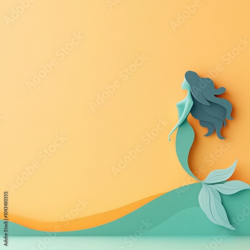 A whimsical paper cut-out of a mermaid against a vibrant orange background, evoking a sense of fantasy and creativity. photo