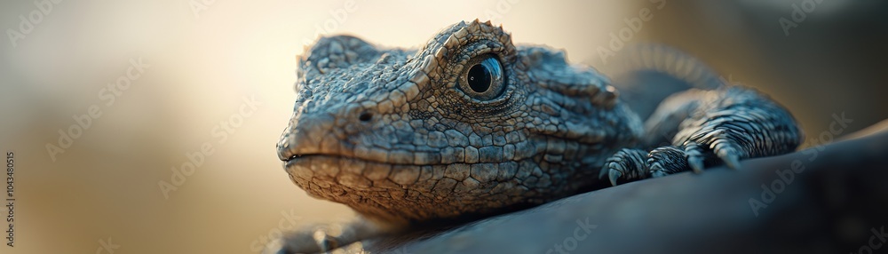 A close-up shot of a textured lizard resting on a branch, showcasing its unique features and colors.