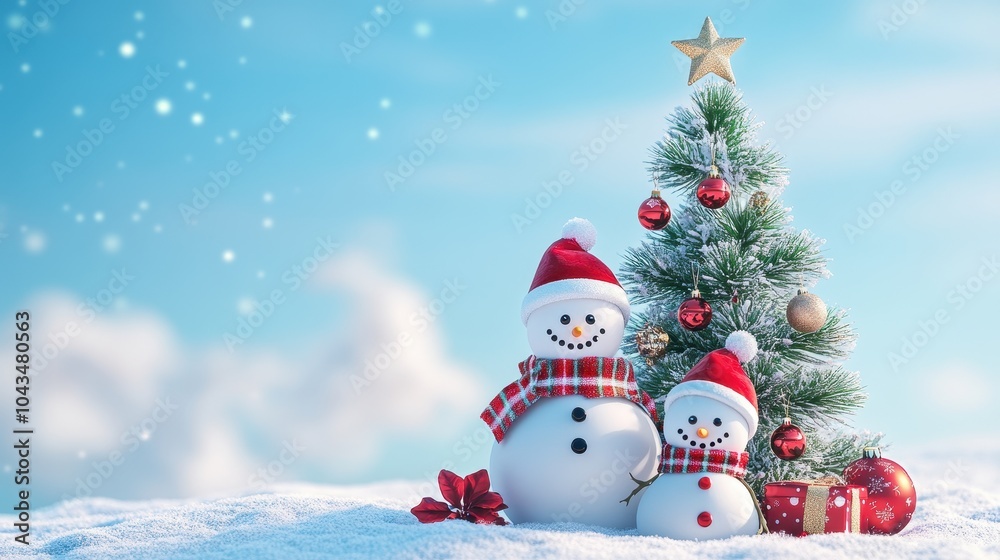 Fototapeta premium A charming snowman family standing next to a decorated Christmas tree, with a clear blue sky and space for festive text.