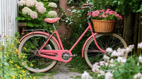Vintage Pink Bicycle Surrounded by Flowers in Garden