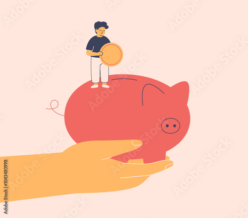 Child save money for future. Adult hand holds boy with coin and big piggy band. Kid to accumulation a portion of allowance or earnings. Financial teaching concept. Vector illustration