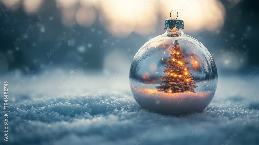A Glass Bauble with a Glowing Snow-Covered Christmas Tree inside, Set Against a Dark Blue Night Sky with Gentle Snowfall A Glass Bauble with a Glowing Snow-Covered Christmas Tree inside, Set Against a Dark Blue Night Sky with Gentle Snowfall
