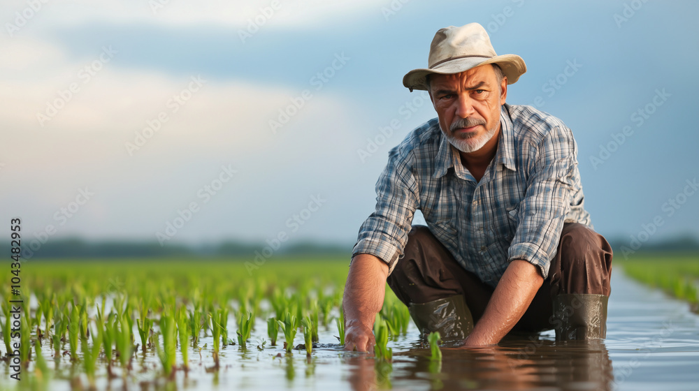 Farmer Evaluating Flooded Fields After Severe Weather Event
