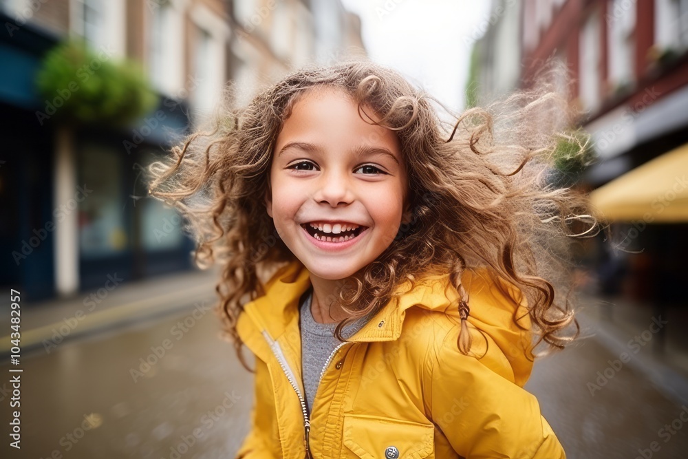 Portrait of a smiling little girl with curly hair in the city Portrait of a smiling little girl with curly hair in the city