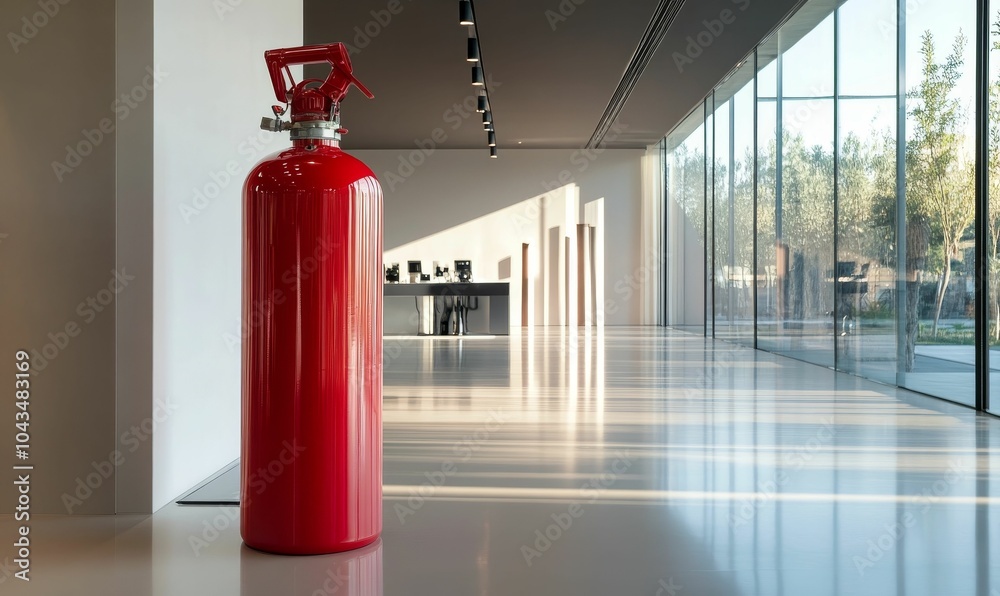 Red fire extinguisher in modern building. Red fire extinguisher in modern building.