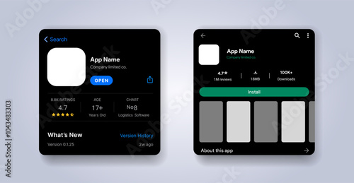 App Store and Play market interface. App listing template. Store for mobile application mock-up. Apps page profile with rating screen. Games play list market. Vector illustration.