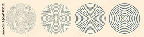 Concentric line circles thin strokes to thick stripes vector graphic radial element illustration set, ripple linear rings wave geometric shapes, blend circular minimal modern trendy outline image

