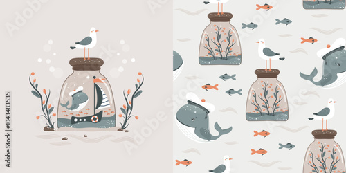 Children's seamless pattern with a funny sailor whale, a seagull and a boat. Vector design for baby bedding, fabric, wallpaper, wrapping paper and more.