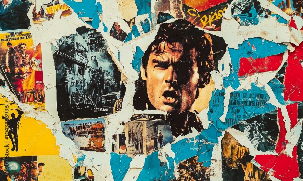 Fototapeta premium A collage of torn posters on a wall.