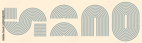 Lines abstract geometric shapes elements design vector graphic illustration set, stripes strokes oval wave arch and half circle symbol modern trendy boho style decor image clip art
