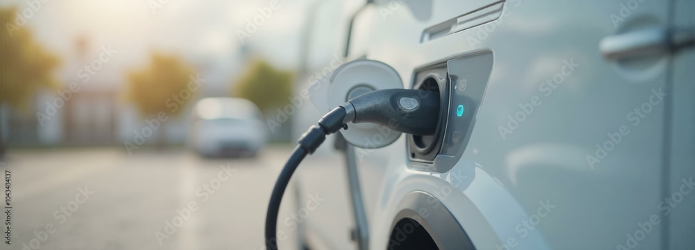 Electric Car Charging at Home, Concept of Sustainable Transportation and Green Energy. Electric Car Charging at Home, Concept of Sustainable Transportation and Green Energy.