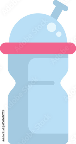 Simple flat vector illustration of a reusable water bottle with a pink ring and a blue body holding water