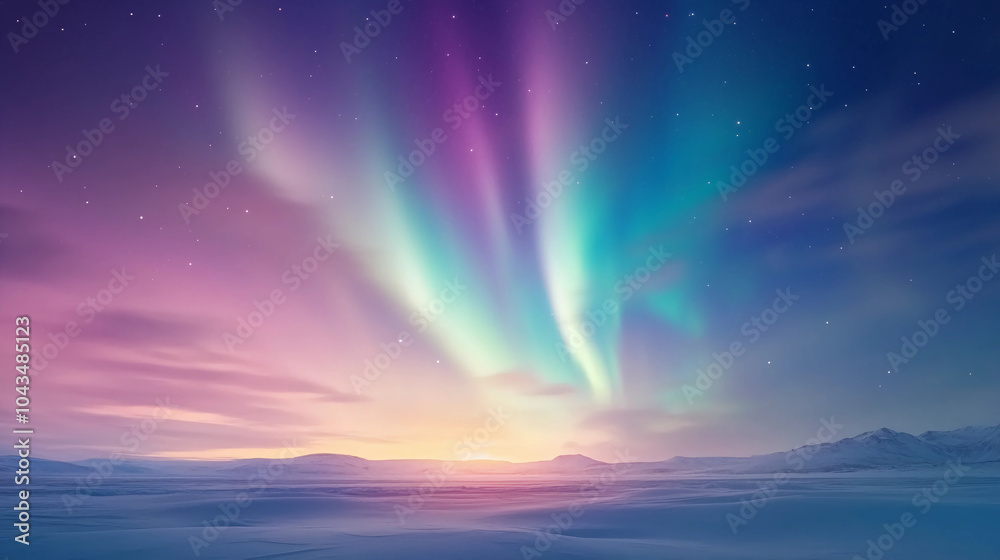 Obraz premium Colorful Northern Lights Aurora Borealis Over Snowy Winter Landscape at Twilight
