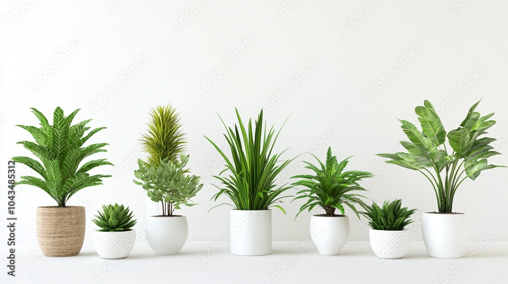 Row of potted plants against a white wall Row of potted plants against a white wall