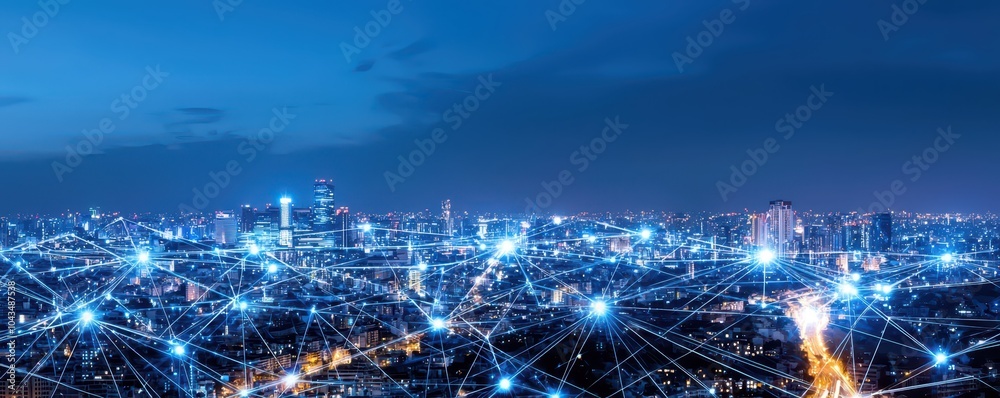 Fototapeta premium Futuristic cityscape showcasing smart energy grids and efficient urban design for a sustainable future.