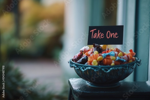 trick or treat - Halloween candy setup on a porch, featuring a bowl of candy with a simple 