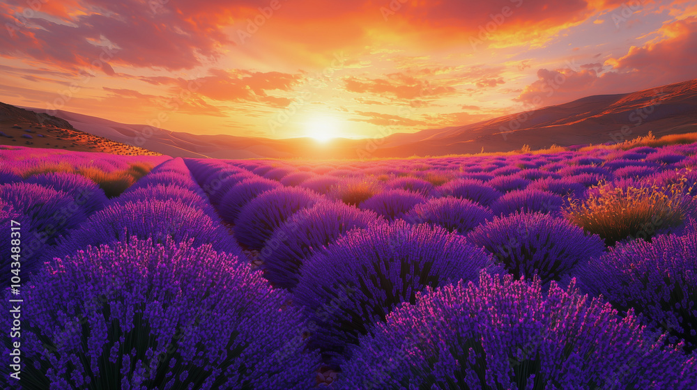 Golden sunset over a lavender field, with soft rays of light illuminating the purple blooms. Golden sunset over a lavender field, with soft rays of light illuminating the purple blooms.