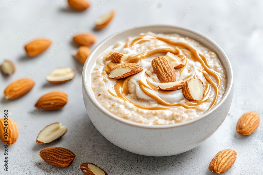 Delicious creamy oatmeal topped with rich peanut butter swirls and crunchy sliced almonds for a perfect breakfast. Delicious creamy oatmeal topped with rich peanut butter swirls and crunchy sliced almonds for a perfect breakfast.