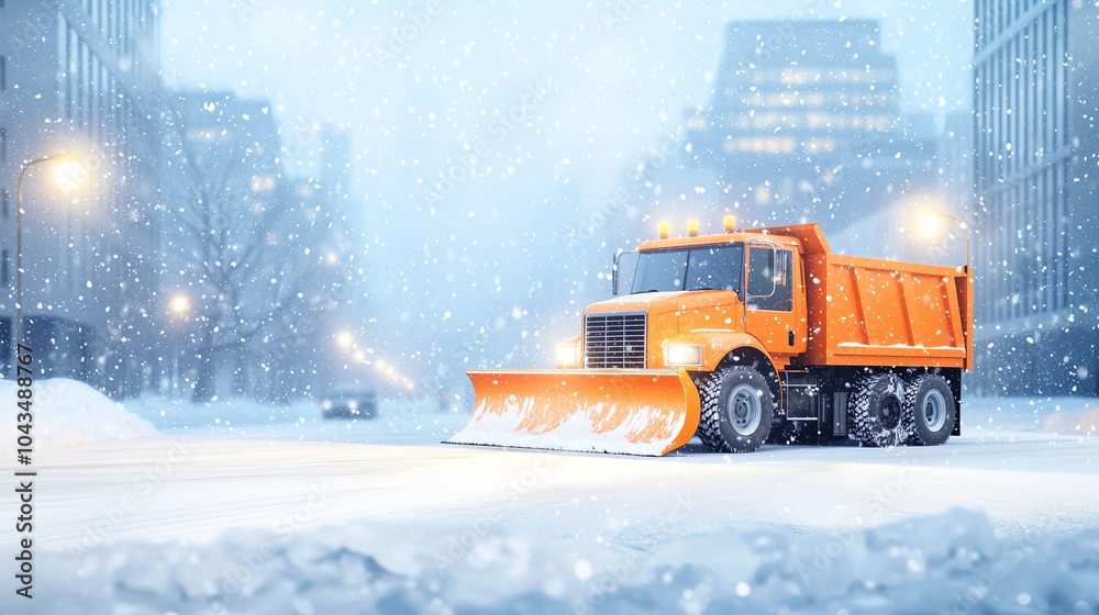 Snowplow Truck Clearing Snow in Winter Cityscape Snowplow Truck Clearing Snow in Winter Cityscape