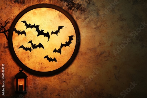 Halloween decor - round frame lamp made of bats silhouettes with shadows with lantern light on a wall mysterious mood , all hallows eve decoration photo