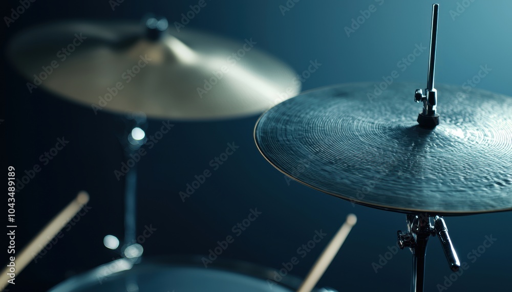 Obraz premium Close-up of cymbals on a drum set in dramatic lighting, capturing the essence of sound and rhythm.