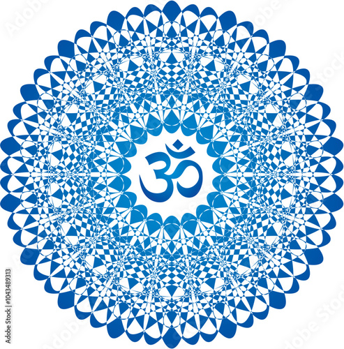 Openwork elegant mandala in blue tones on a white background. The sign aum, om, ohm in the center. Blue and light blue colors. Vector graphics.
