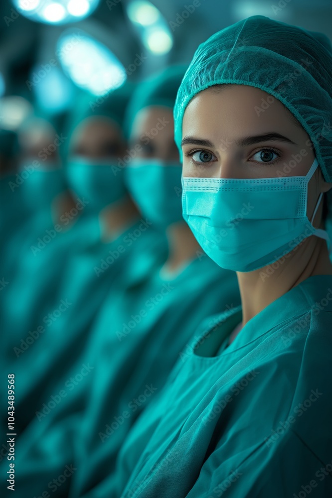 Female nurse in a mask, sitting in scrubs with colleagues, looking confidently into the camer Female nurse in a mask, sitting in scrubs with colleagues, looking confidently into the camer