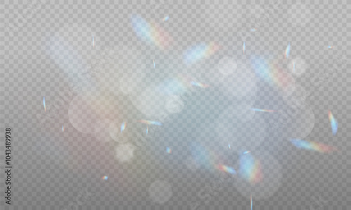 The light of Rainbow and white dust. Bokeh light effect background png. A gorgeous Christmas glowing dust background. A beautiful Rainbow flickering glow with confetti bokeh light and crystal flare.