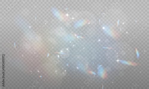 The light of Rainbow and white dust. Bokeh light effect background png. A gorgeous Christmas glowing dust background. A beautiful Rainbow flickering glow with confetti bokeh light and crystal flare.