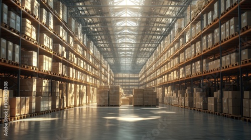 A large warehouse with rows of shelves stocked with cardboard boxes.