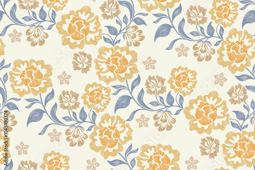 Minimal Floral pattern seamless paisley embroidery texture  yellow peony rose flowers motifs. Vintage ethnic,ikat style vector illustration design hand drawn tapestry with branch leaf.