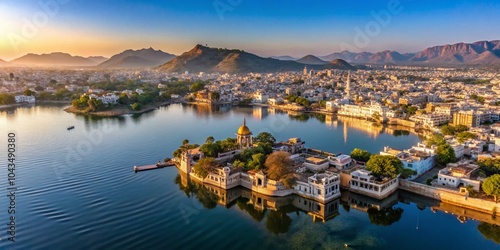 Aerial Minimalist View of Udaipur, City of Lakes in Rajasthan, Scenic Landscape of South Asia, Serene Water Bodies