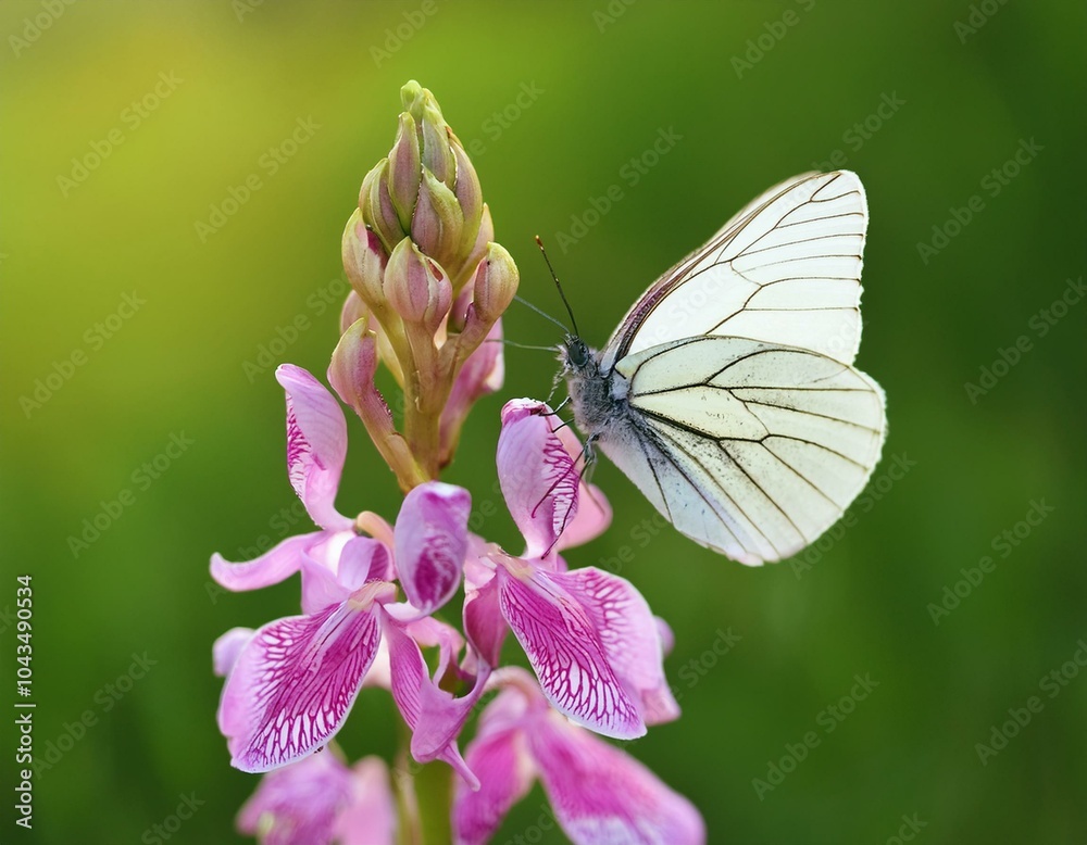 Obraz premium Aporia crataegi butterfly on a wild flower early in the morning waiting for the first rays of the sun